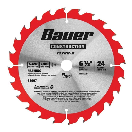 Disco De Carburo Bauer 6 1/2 X 24 Dientes Corte Madera*